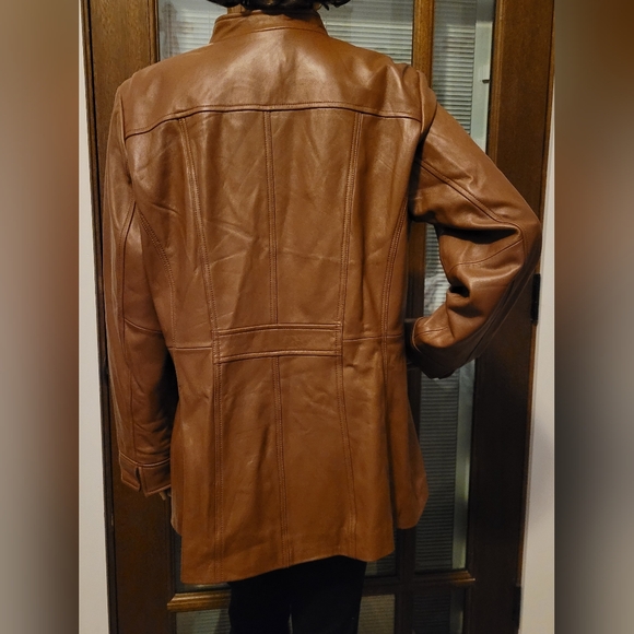 QVC's Denim & Co Cognac Brown Zip Front Leather Jacket Petite Large NWOT - Picture 4 of 8